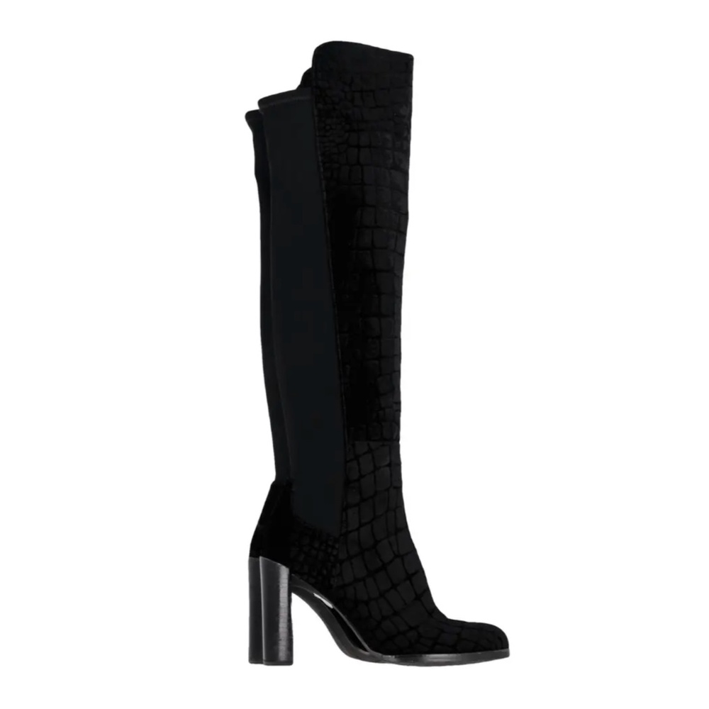 Stuart Weitzman Hijack Croc Velvet Heel Boots in Black